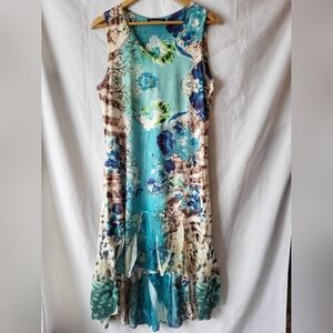 Temptations Teal Floral Sleeveless Midi Dress Womans Large